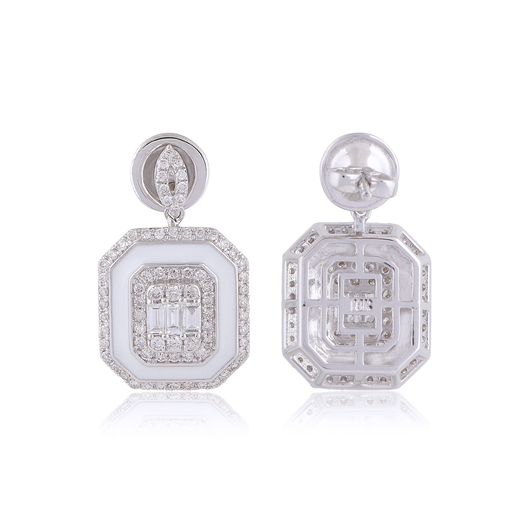 Natural 1.1 Ct Baguette & Round Diamond Octagon Dangle Earrings 14K Solid White Gold Enamel Jewelry Wedding Engagement Gifts For Her