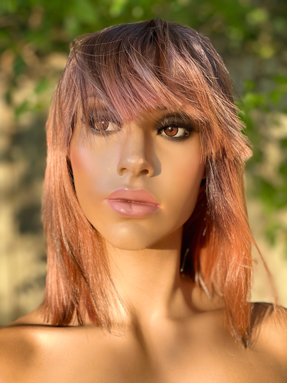 Human Hair Blend Wig Auburn Copper Wig Short Bob 10" With Bangs Ombre 13x4" Swiss Lace Front Wig, Hd Free Parting