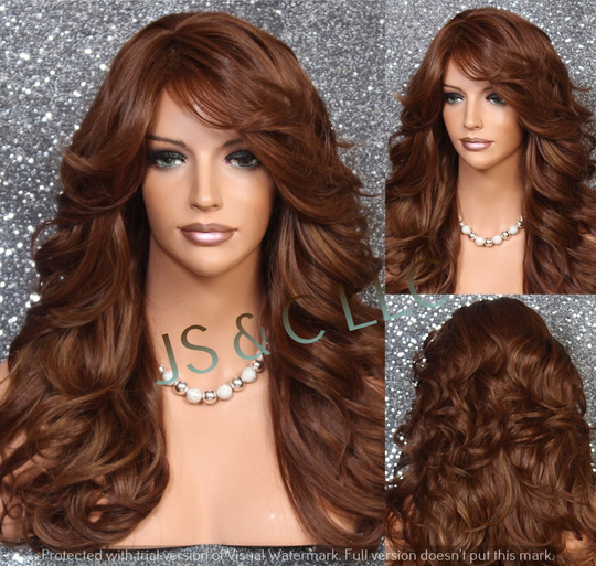 Auburn Mixed Human Hair Blend Lace Front Wig Full Long Curly With Bangs Heat Safe Cancer Alopecia Theater