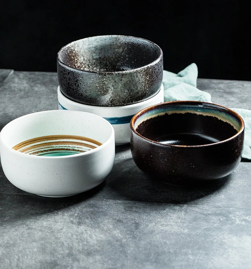 Japandi Rustic Serving Bowls-Asian Ceramic Pottery Dinnerware-Japanese Retro Style Salad Dishware-Rough Stoneware