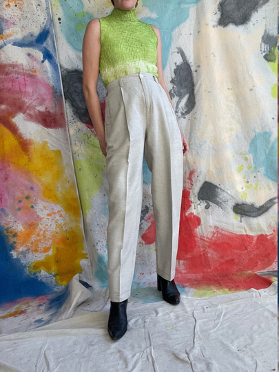 1990S Linen & Cotton Blend Oatmeal High Waist Tapered Trouser/S-M