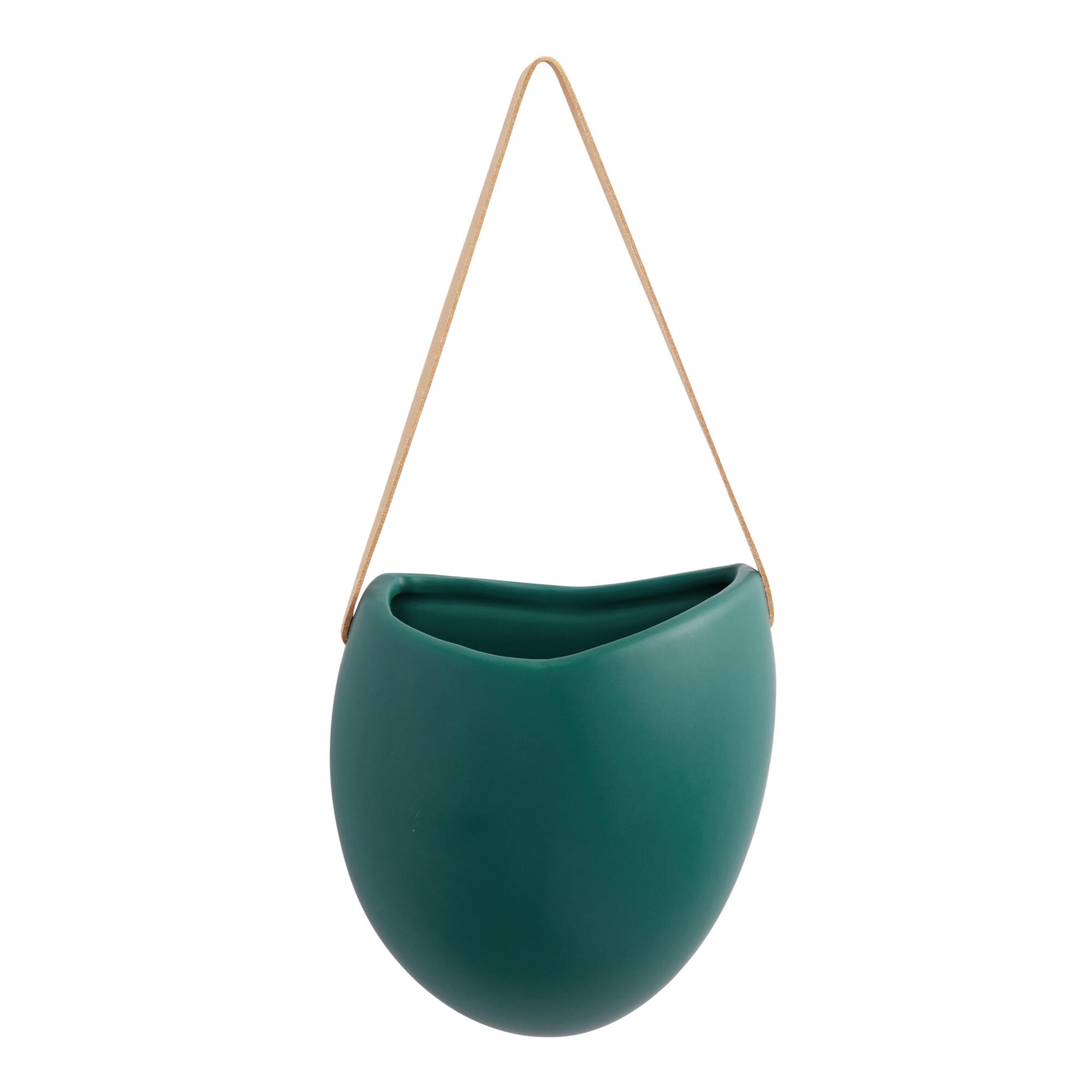 Teal Ceramic Hanging Planter With Leather Straps: Blue by World Market