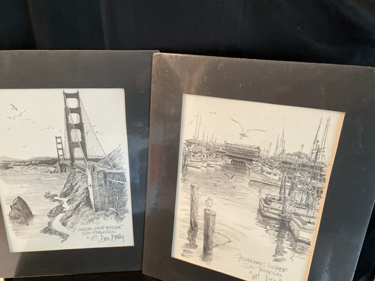 Don Davey, Artist Charcoal Pencil Cityscape, Etching Unframed 1977 Depiction San Francisco Golden Gate Bridge Fisherman Wharf