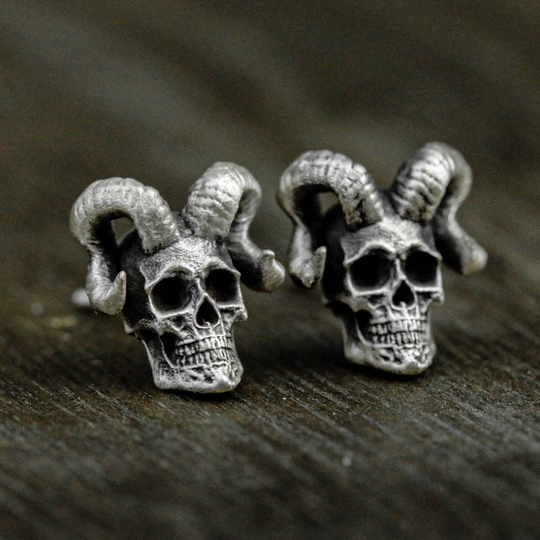 Satan Sheep Skull 925 Silver Earrings, Jewelry, Gothic Ram Gift, Men's Earrings - Handmade
