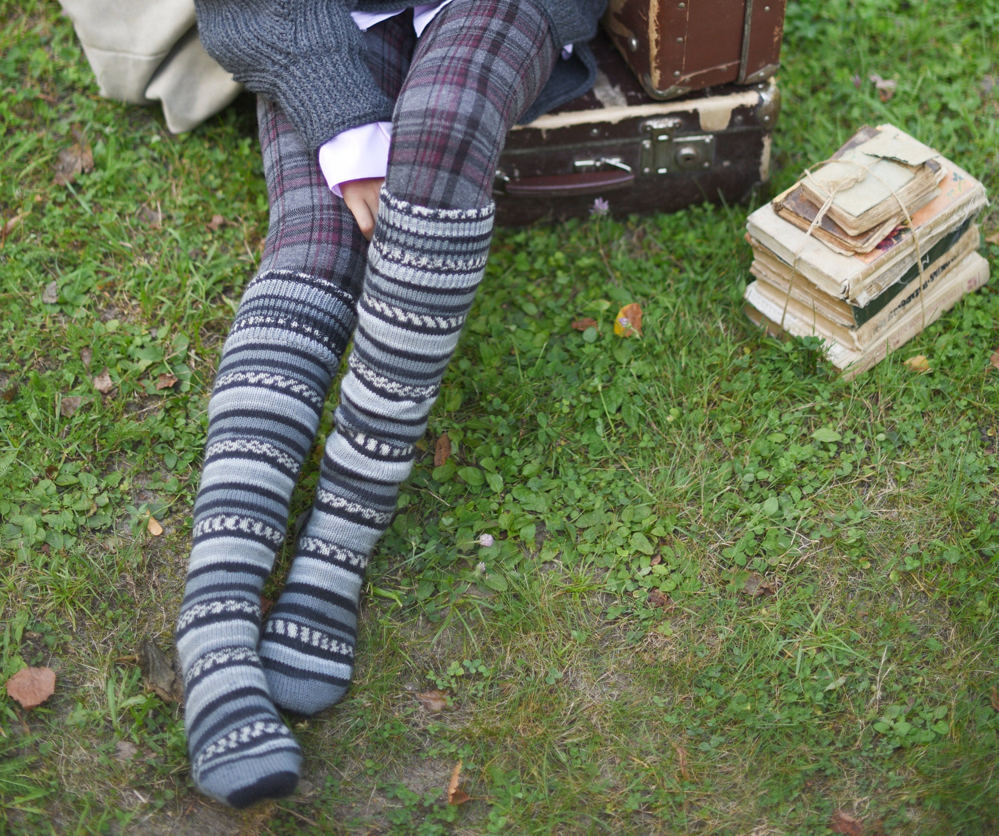 Knee High Socks Birthday Gift For Women, Grey Personalized Socks, Striped Wool Leg Warmers, Best Friend Gifts Long Distance, Cool Boot
