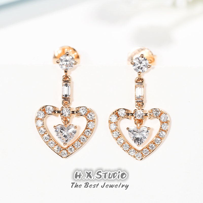 Diamond Heart Dangle Earrings, Elegant Drop Earring, Solid 18K Gold, Genuine Diamond, Romantic Gift For Her, Customization Jewelry