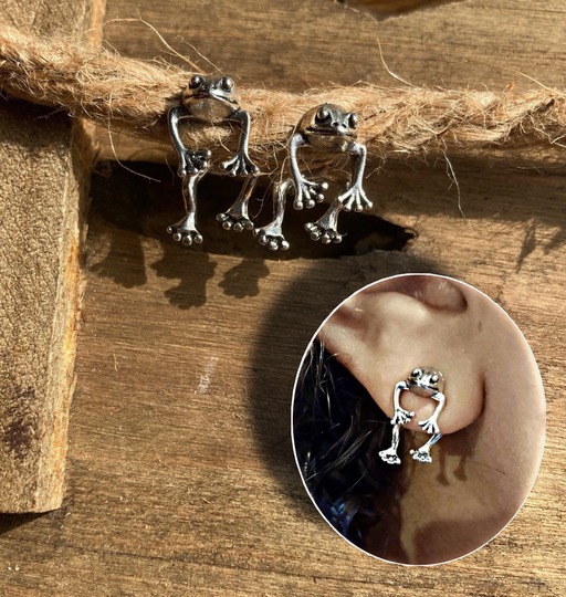 Silver Frog Jacket Earrings, Ears