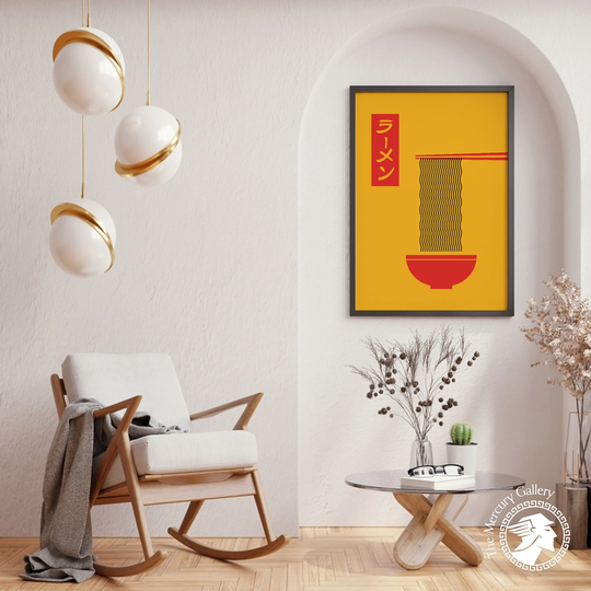 Ramen Noodle Print, Yellow Poster, Japanese Kitchen Wall Art, Bowl Artwork, Modern Minimalist Soup Print