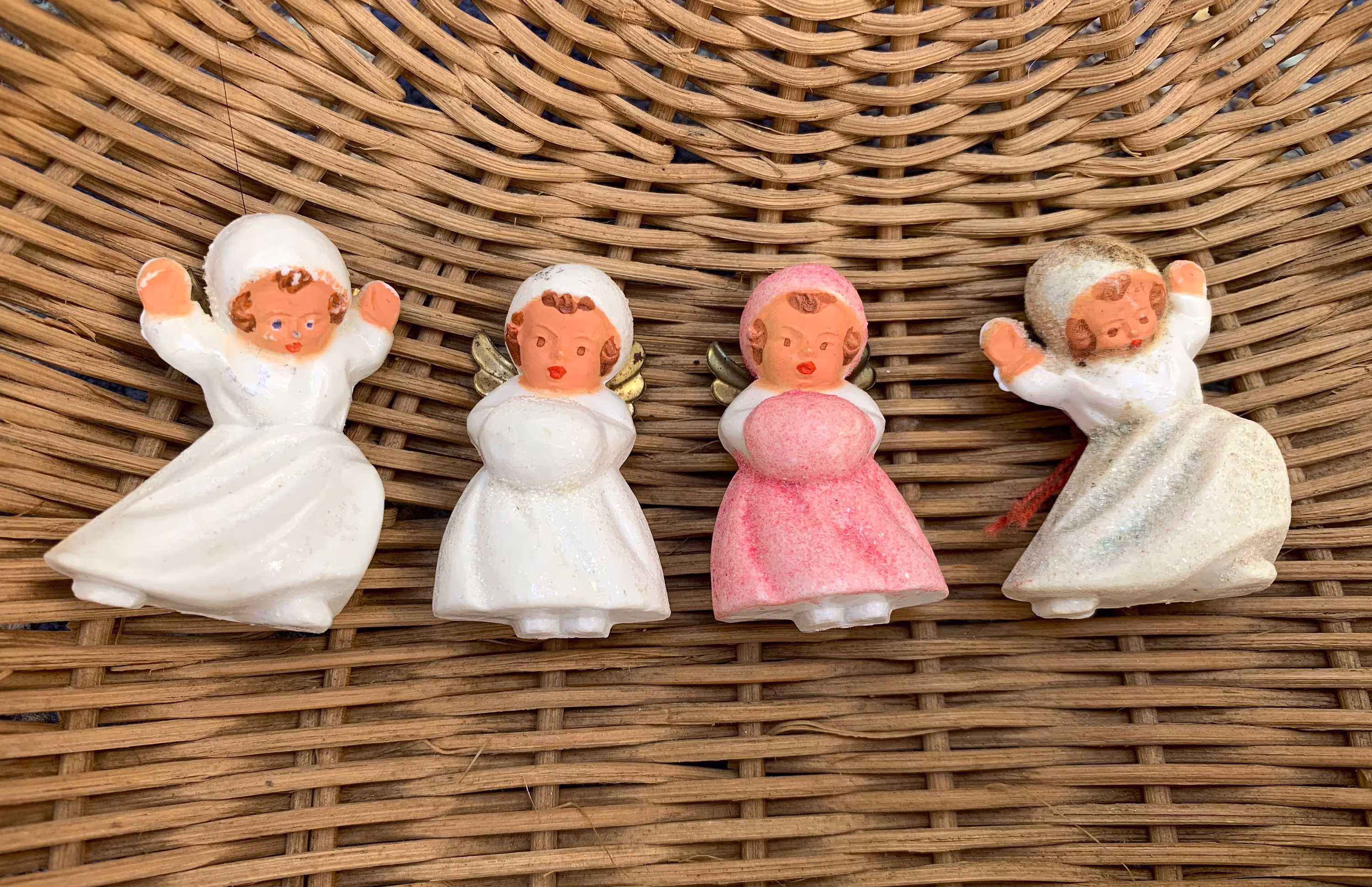 Vintage Sugar Angel Ornament, Tiny Angels West Germany Feather Tree, 1940S Plastic Sugared Glitter Celluloid, Set Of 4, Christmas Easter