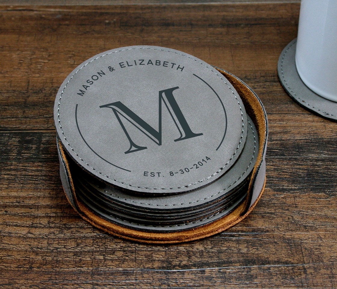 Monogrammed Leather Coaster Set, Personalized Engraved Gift, Customized Coasters, 3rd Anniversary Wedding Couples Gift Idea