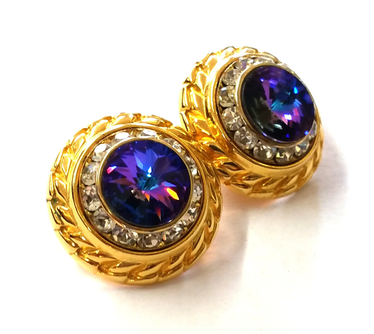 Vintage Gold Rhinestone Watermelon Cabachon Round Clip Earrings