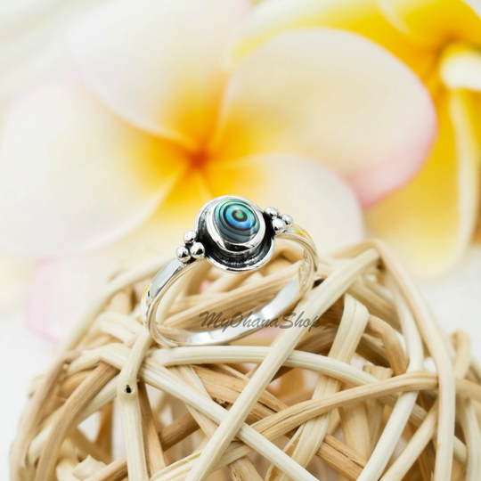 Sterling Silver Real Abalone Ring For Women, Girls. Cute, Stackable, Dainty Round Onyx, Abalone, Turquoise Pinky, Index, Or Thumb