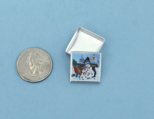 Fabulous Dollhouse Miniature Square Snowman Themed Christmas Cookie Tin With Removable Lid #sckt14
