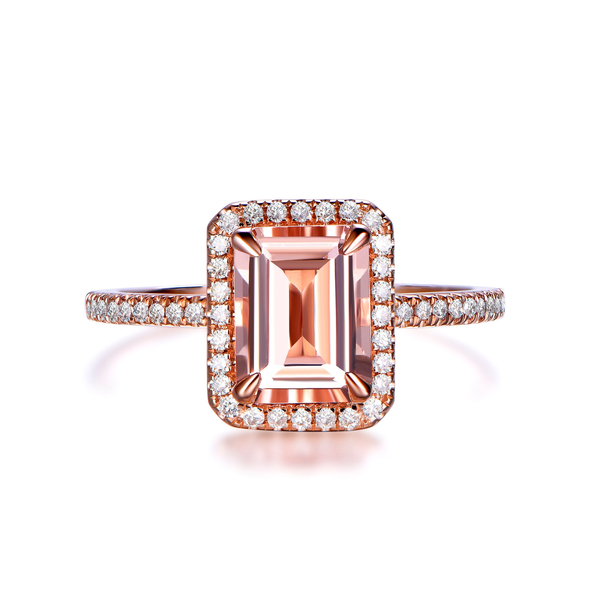 Morganite Stone, Emerald Cut Ring, Rose Gold Band, Diamond Halo, 1.6Ct