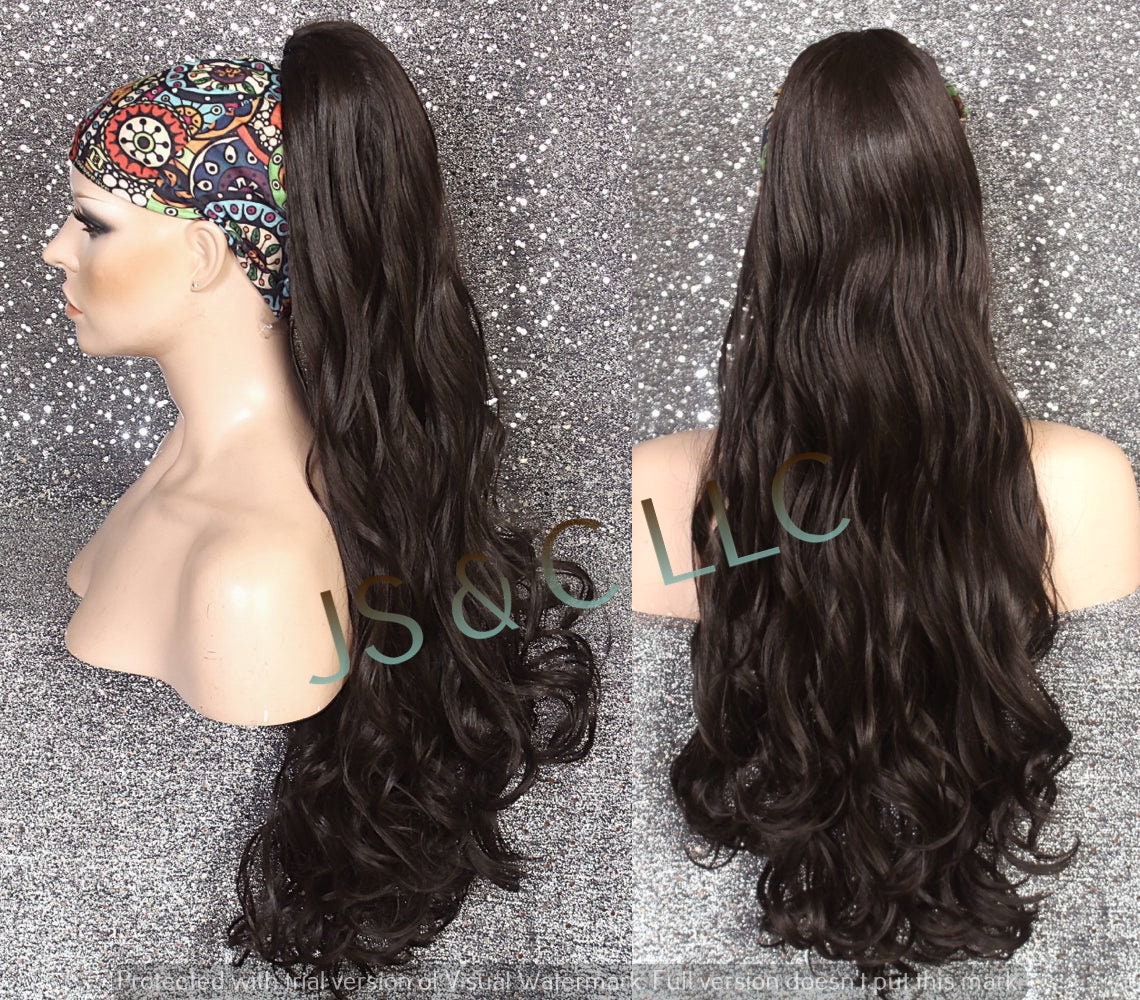 Dark Brown Human Hair Blend Ponytail Piece Drawstring Ex Long Wavy/Curly Simply Put It On & Go Can Be Wrapped Around As A Bum