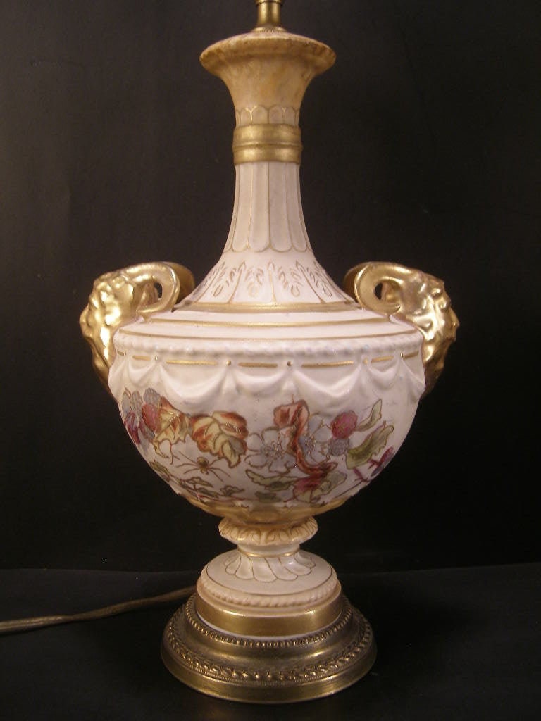 19 C Royal Worcester Pottery Spider Berry Hd-Painted Gilt Satyr Goat Figure Lamp
