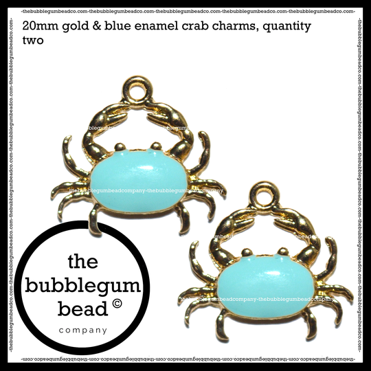 20mm-Blue & Gold Crab Charms, Qty. 2, Earring Dangles, Kawaii Charm, Bracelet Animal Crab The Bubblegum Bead Co