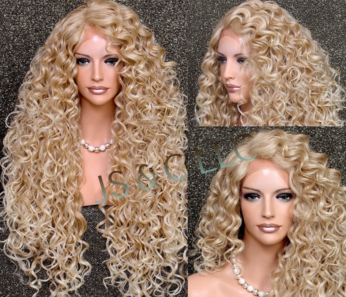 Human Hair Blend Full Lace Front Wig Extra Volume & Curly Untamed Wild Heat Safe Blonde Mix Side Parting Brand New