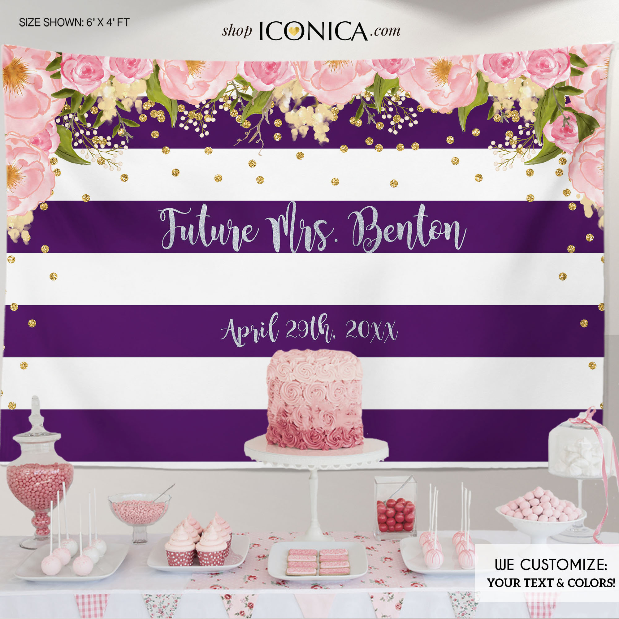 Floral Bridal Shower Party Backdrop, Purple & Silver Dessert Table Banner, Striped Banner - Printed Or Printable File