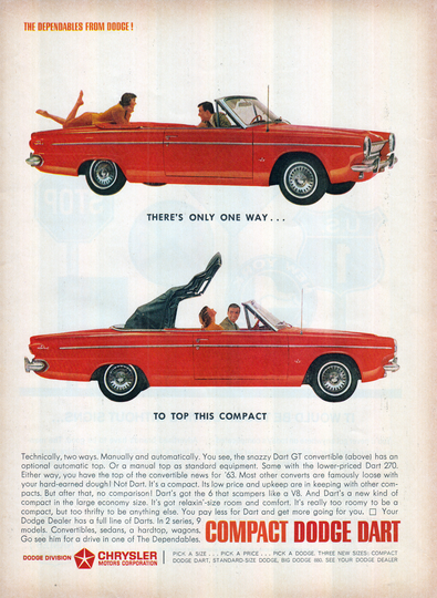 1963 Dodge Dart Gt + 270 Red Convertible Original 13.5 10.5 Magazine Ad