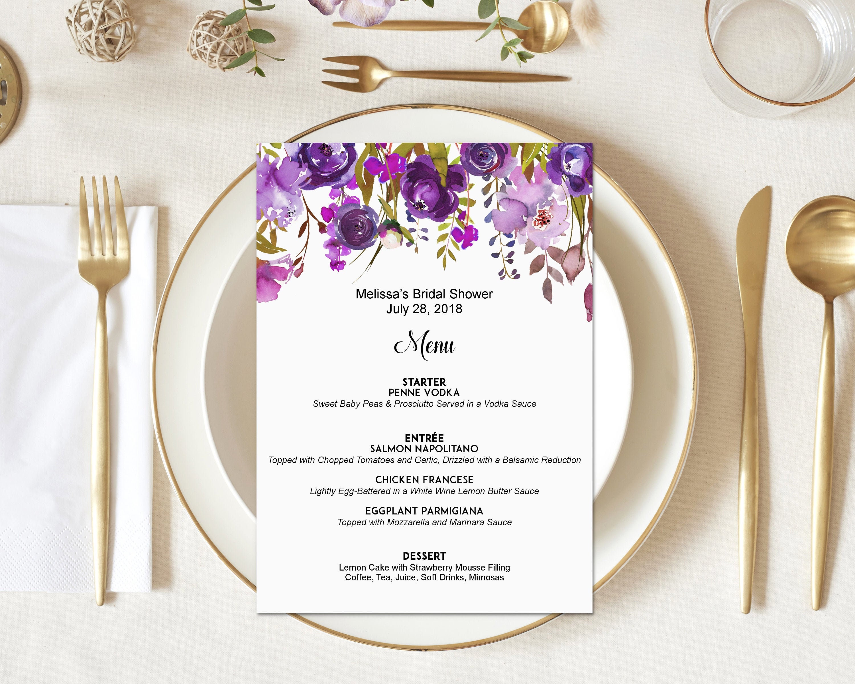 Menu Printable Purple Bridal Shower Baby Birthday Wedding Sign Personalized Cards A73 A78 B71 C68