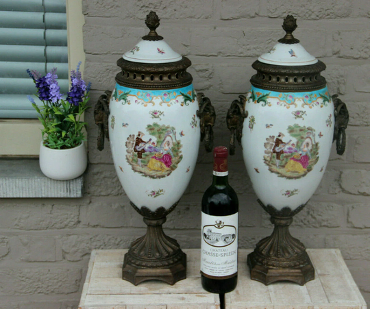 Pair French Antique Porcelain Bronze Ram Heads Victorian Romantic Vases