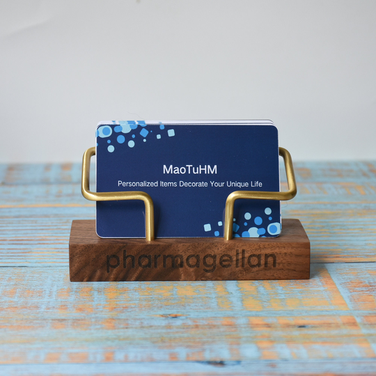 Walnut & Brass Business Card Holder For Desk