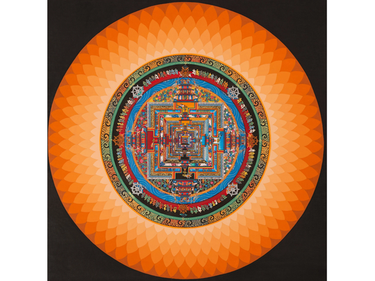 Orange Colored Flower Petal Shaped Halo Kalachakra Mandala | Handpainted Tibetan Art Religious & Spiritual Painting Wall Hanging Deco