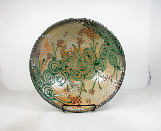 Ceramic Serving Bowl in Shino With Red & Icy Blue Flowers
