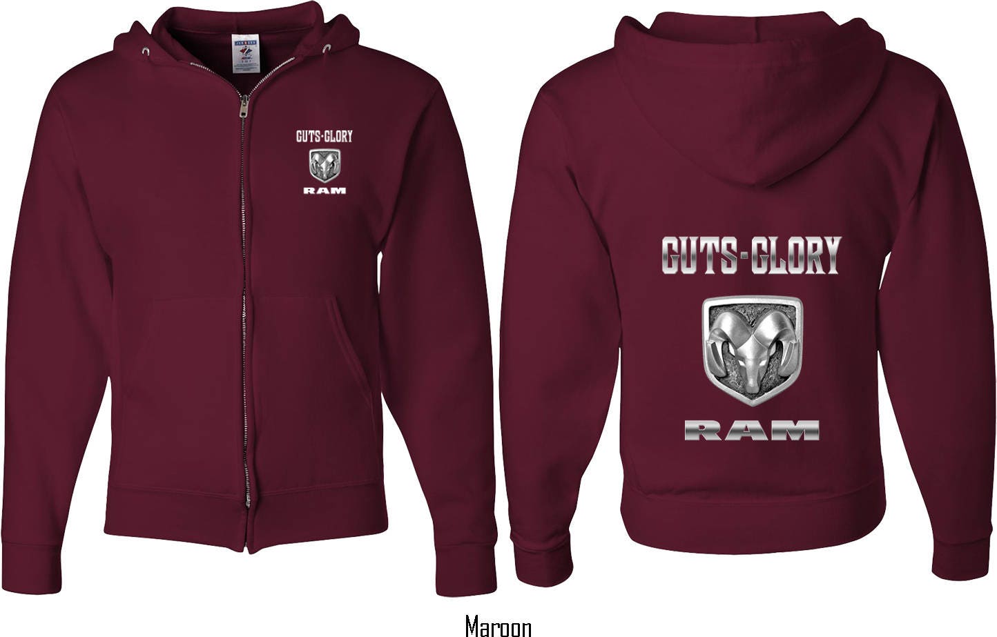 Guts & Glory Ram Logo Front & Back Print Adult Unisex Dodge Full Zip Hoodie 20414D2-Fb-993