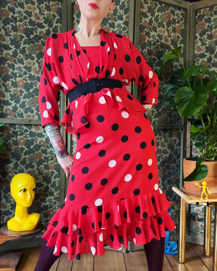 Vintage Late 1970's/Early 1980's True Red Voile Dress & Jacket Set With Big Bold Polka Dots & Double Tier Ruffle Hem