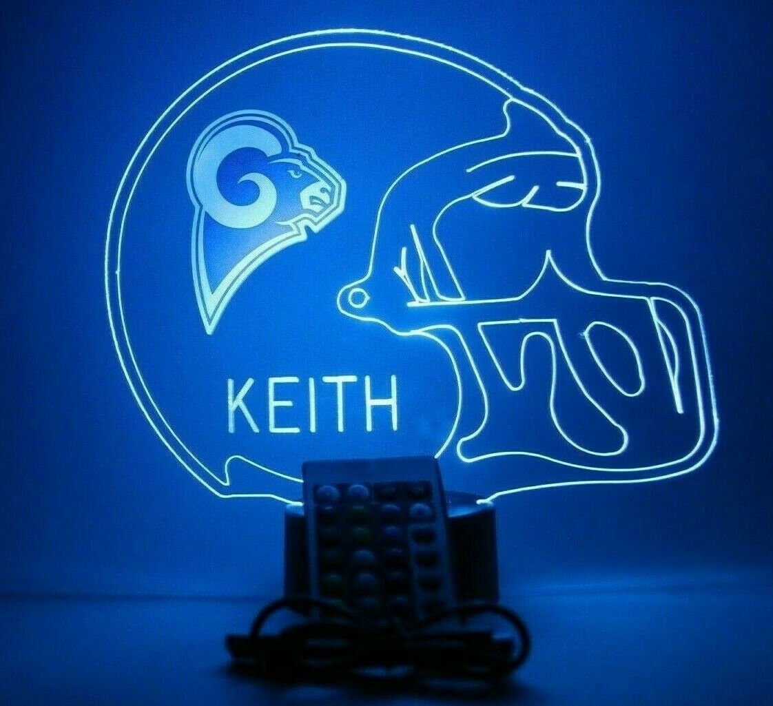 Los Angeles Rams La Night Light Up Table Lamp Football Helmet Led, Hand Crafted Personalized - It's Wow, With Remote 16 Colors, Great Gift