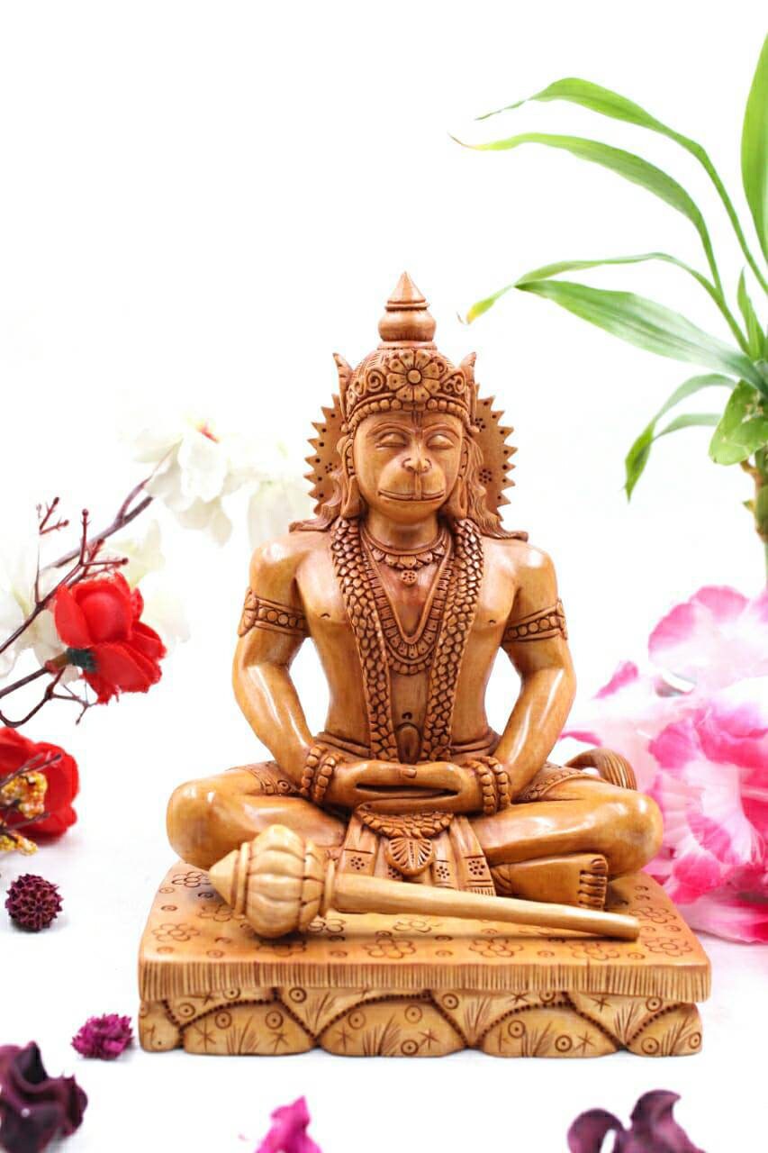 Hanuman Statue - 6 Inches Bajrangbali/Lord Ram Bhakt Hanuman Wooden Sculpture For Altar & Home Decor Diwali Gift Idea