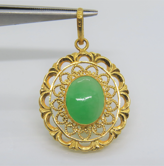 Vintage 24K Solid Pure Gold Green Jadeite Jade Filigree Oval Pendant