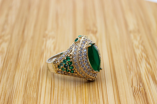 Emerald Ring, Ladies Handmade Women's Turkish Authentic Ottoman 925K Sterling Silver, Zircon