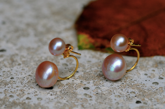 Pink On Double Pearl Earrings, Studs With Jackets