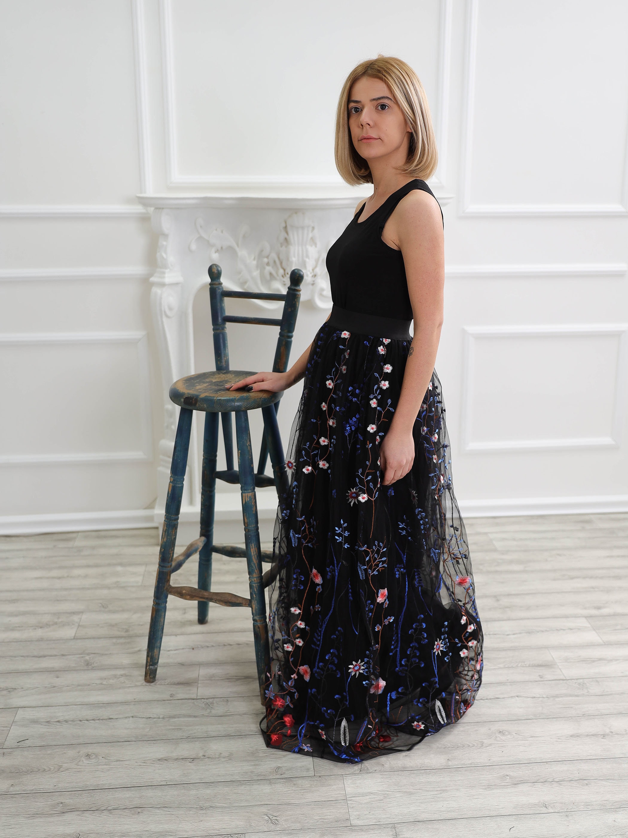 Embroidered Tulle Skirt, Floral Bridesmaid Women Formal Clothing, Plus Size Elegant Maxi Black Skirt