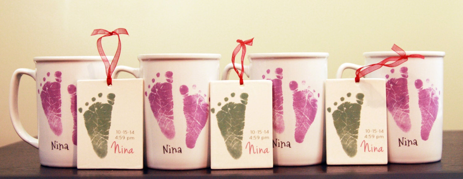 Gift Package Hand & Footprint Keepsakes, Package. Includes 4 Mugs 3 Ornament