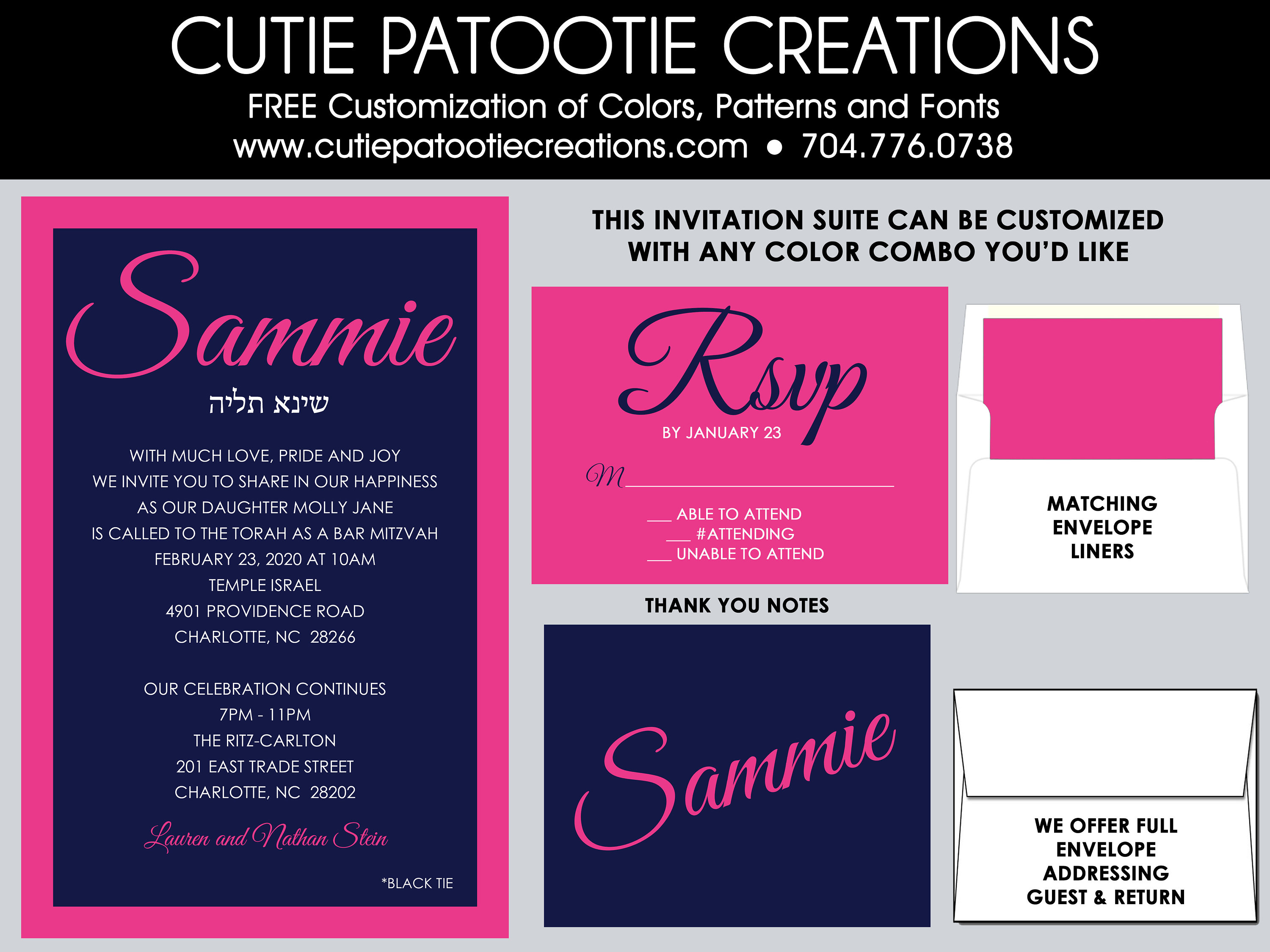 Bat Mitzvah Invitations - Invitation Navy Blue Pink Add Matching Rsvp Cards, Thank You, Envelope Addressing Custom Colors
