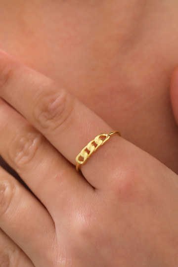 14K Solid Gold Chain Ring, Cuban Link Ring For Her, Band Curb