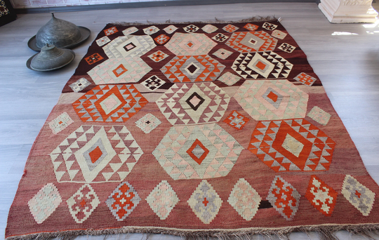Vintage Kilim Rug, Ethnic Anatolian Kilim, Flat Woven Rug, Turkish Bohemian/N-955 5'2"x6'5"