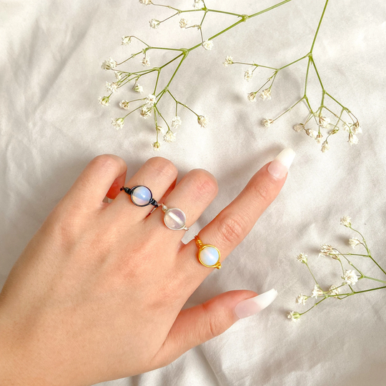 Opal Stone Wire Wrapped Rings, Gold Silver & Black Wire, Handmade Natural Gemstone Healing Crystal Handcrafted Rings
