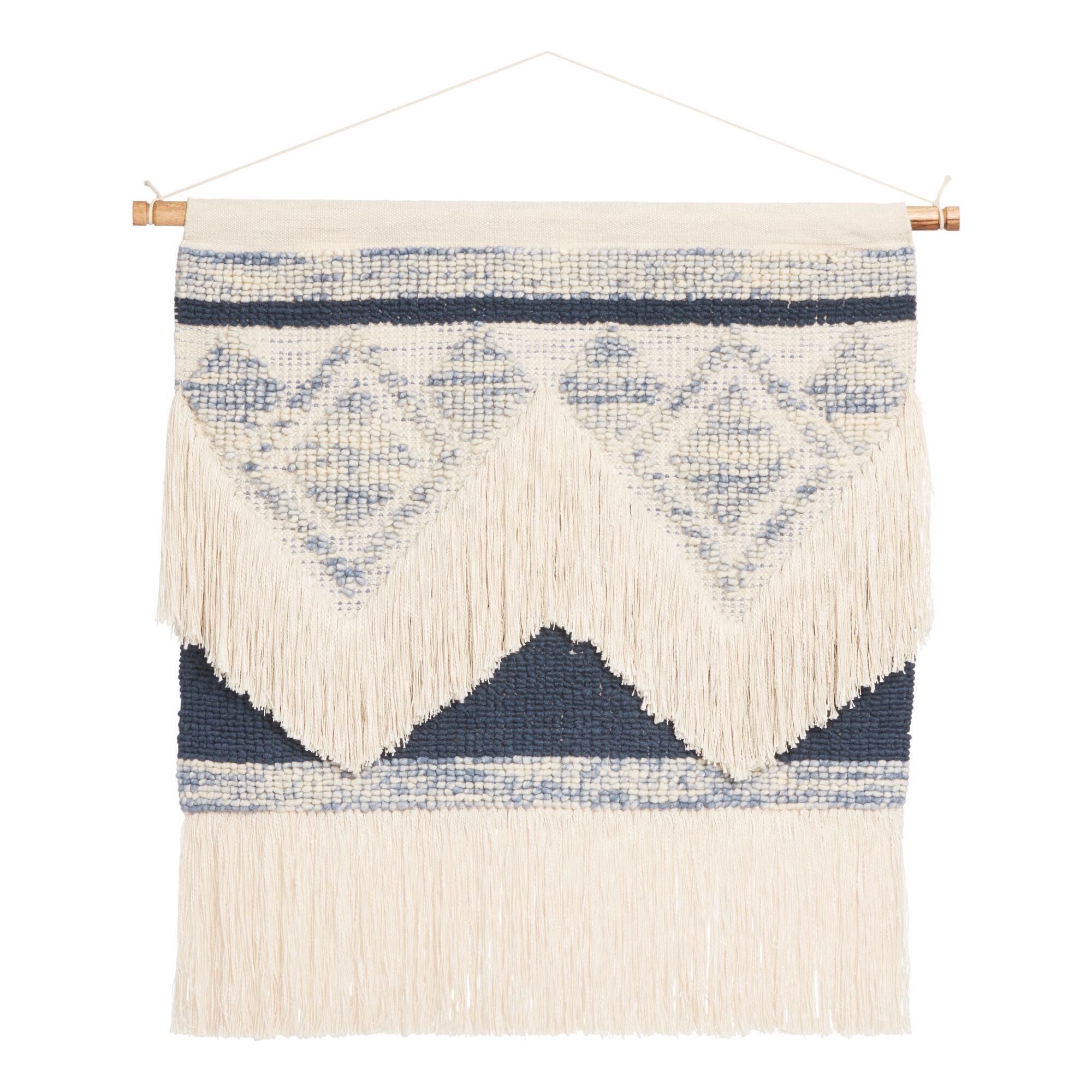 Oversized Cream and Indigo Diamond Shag Wall Hanging: Multi - Natural Fiber by World Market