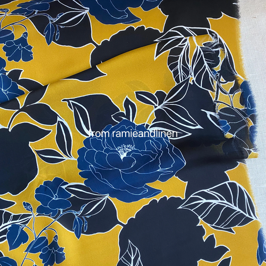 Silk Fabric, Big Dark Blue Flowers Print, Silk Crepe, Cotton Blend Designer Half Yard By 55" Wide