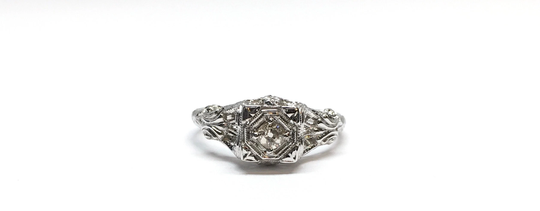 Antique 18K White Gold Filigree Old Mine Cut Diamond Art Deco Engagement Ring Size 7.5