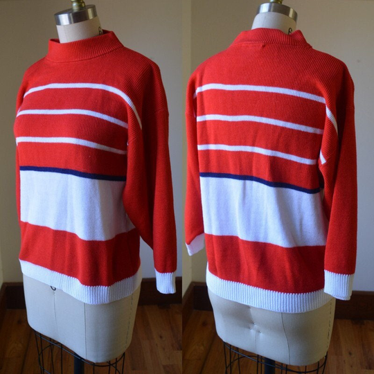 1990's Vintage Red Wool Blend Sweater Size Medium Small, With 3/4 Sleeves Medium, Mock Neck Med