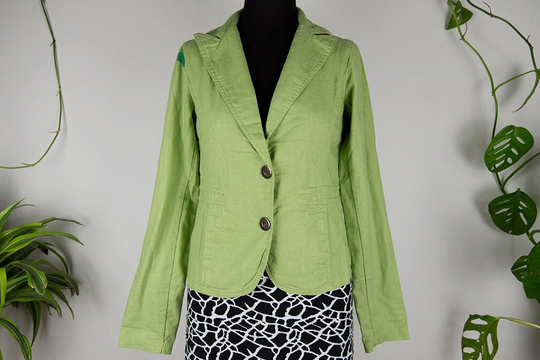Vintage Green Linen Blend Floral Print Blazer Jacket