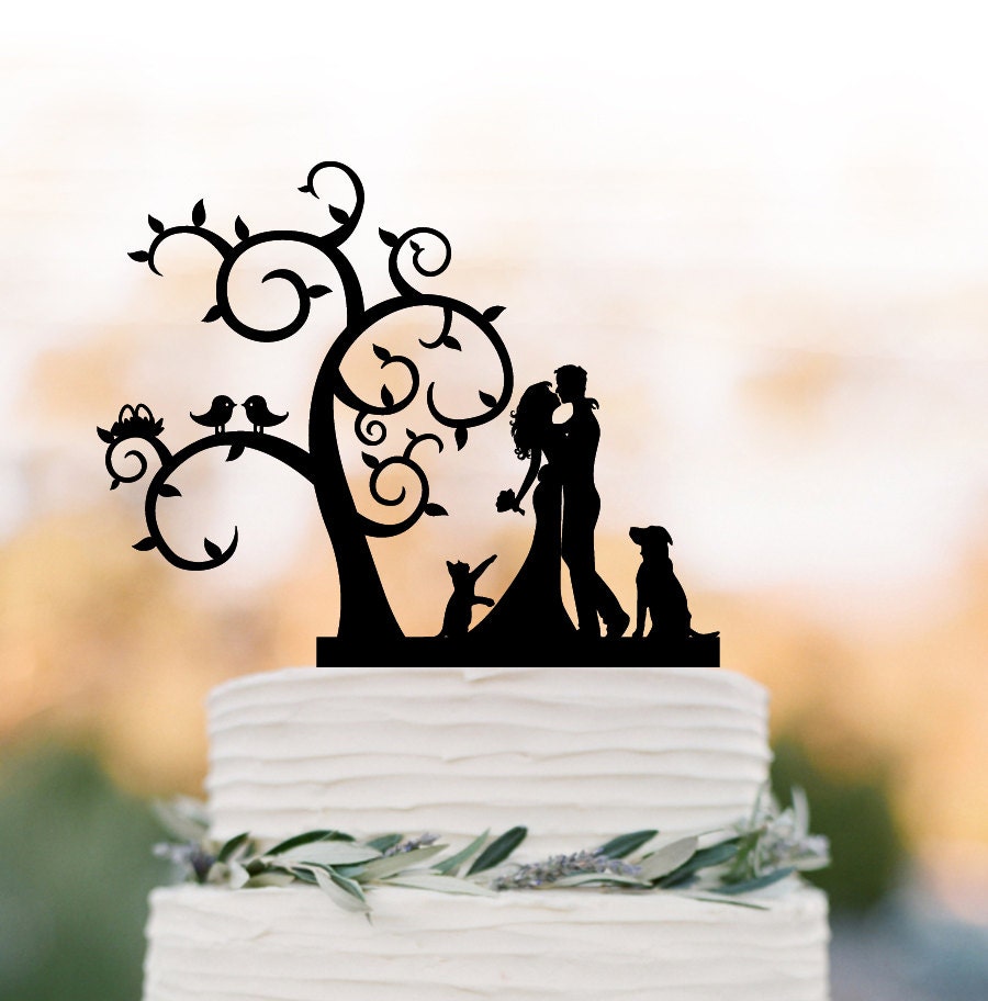 Bride & Groom Wedding Cake Topper Dog Cat, Tree Wedding Cake With Birds, Silhouette Cat , Rustic