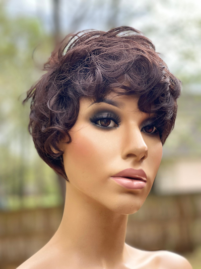 Human Hair Blend Wig Full Cap Wig 4 Medium Brown Short Pixie Cut Hair With Bangs 8"