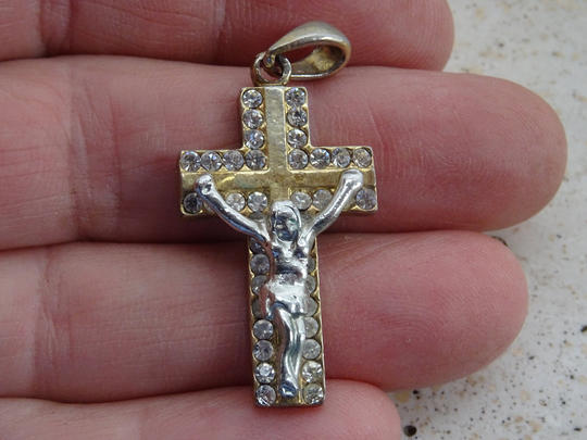 Religious Antique French Vermeil Gold Plated Catholic Crucifix Pendant Cross Holy Jesus Christ With Transparant Stones. | S 28